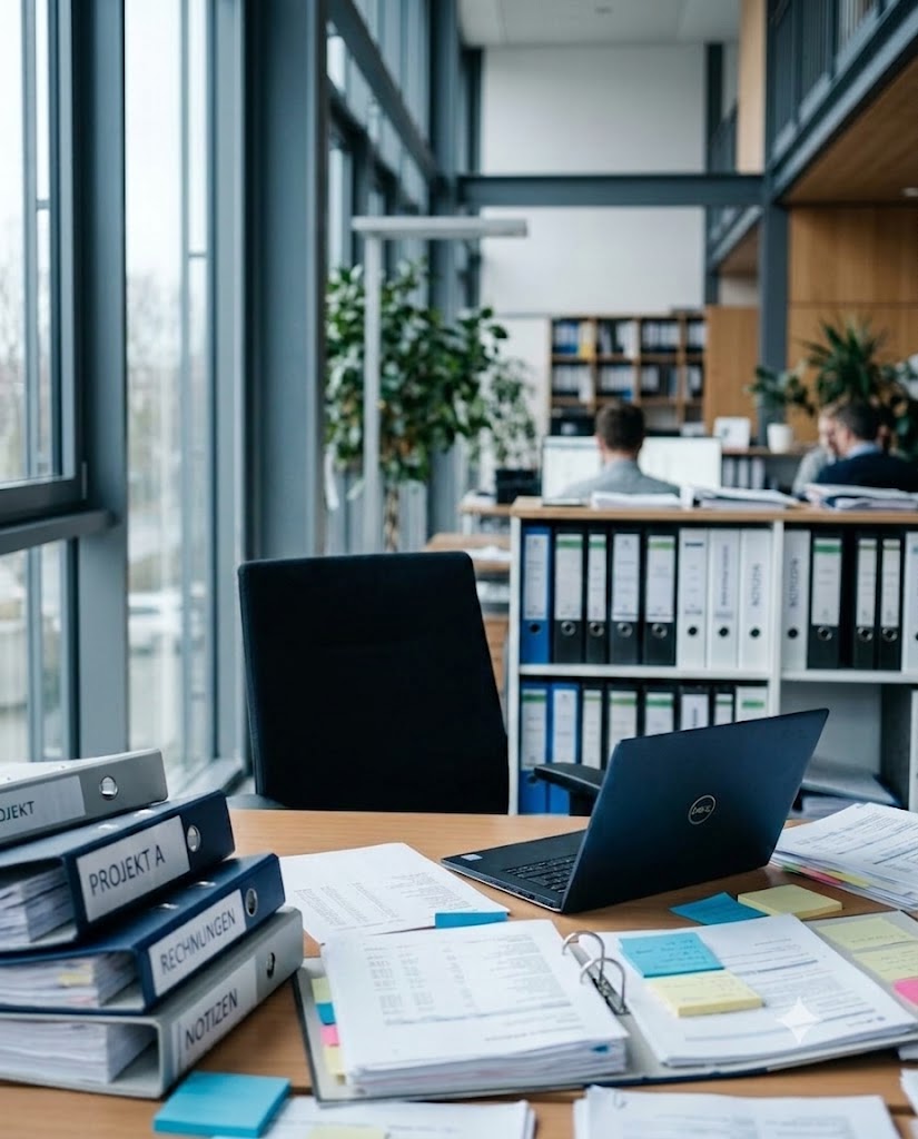 Büro mit Aktenordnern und Papierstapeln